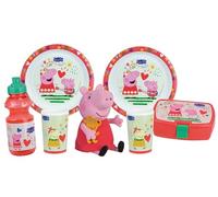 Lot vaisselle - FUN HOUSE - PEPPA PIG - 2 assiettes creuses Ø 22 cm, 2 verres 220 ml, gourde 350 ml, boîte à goûter et peluche 17 cm