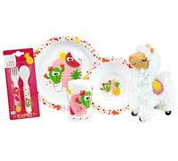Fun House | Set Vaisselle Les Amis Fruits Enfant | Set Couverts + 2 Assiettes + Gobelet + Peluche Lama | Apprentissage Repas | Vaisselle Réutilisable | Micro-ondable | Thème Fruits | Cadeau 36 Mois +