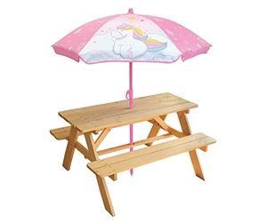 Fun House | Table Pique-Nique Enfant 3 Ans+ Bois Pin Avec Parasol Licorne | Table H53 x L95 x P75 Cm | Parasol Ø100 H125 Cm | Mobilier Jardin Terrasse Extérieur | Bancs Intégrés | Idée Cadeau