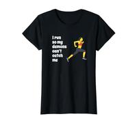 Fun I Run So My Demons Can't Catch Me Exercise Humor Design T-Shirt Graphique avec Valeur, Femme, Noir, XS