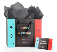 FUNCANDLE Sac cadeau d'anniversaire avec papier de soie et carte de 33 cm - Thème Game On Level Up - Pour fête d'anniversaire de joueur, décorations de cadeaux