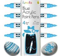 Funcils 4 stylos double acryliques Bleu pour pierres, verre, bois, toile - Marqueurs acryliques pointe 1mm,5mm. Les stylos acryliques sont idéaux pour les adultes et les enfants