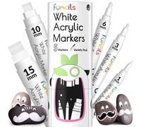 Funcils 5 Feutre Blanc Acrylique Indelebile - Pointe Fine à Jumbo (1mm, 3mm, 6mm, 10mm, 15mm) | Stylo Peinture Permanent pour Bois, Pierre Tombale, Metal, Verre, Pneu, Tissu, Toile, Plastique