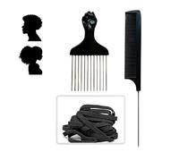 FUNCLIC Lot 3PCS, 1 Peigne Afro Métal Pick Dents Larges Cheveux bouclés Perruque Barbe, 1 Peigne à Queue Antistatique, 6 Élastiques Bandeaux Yoga Sport Antidérapants