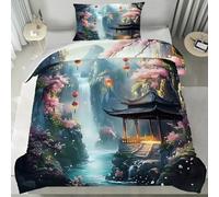 Funda Nórdica Cama 135 Flores Rosas Funda Nordica 200x200 Cascada y Pabellón Juego de Cama, Funda NóRdica de Microfibra Suave Con Cremallera y 2 Fundas de Almohada 50x75 cm