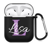 Funda personalizada Con iniciales Compatible Con Apple Air Pods de 1.ª y 2.ª generación, funda protectora personalizada Con Nombre escrito a Mano y llavero (Negra)