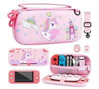 FUNDIARY Étui de transport rose pour Nintendo Switch Lite, étui de voyage pour Switch Lite avec housse de protection en TPU souple, bandoulière réglable, protecteur d'écran et 2 capuchons pour pouces, licorne