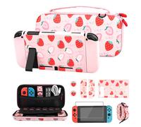 FUNDIARY Joli étui de transport fraise pour Nintendo Switch, sac de voyage d'accessoires pour Switch avec étui de protection, protecteur d'écran, bandoulière réglable et 2 capuchons de pouce fraise