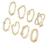FUNEIA Lot de 8 bagues empilables plaquées or 14 carats pour femme de taille 4 à 12 - Bagues de phalange empilables pour adolescentes, nœud simple, simple, bague de mariage unie, 8, Métal, Cuivre