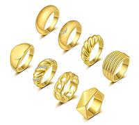 FUNEIA Lot de 8 grosses bagues en or plaqué or 18 carats avec oxyde de zirconium croissant lune étoile épaisse en forme de dôme tressé torsadé taille 5 à 9 bijoux cadeau