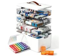 funest Organiseur de médicaments XL à 4 niveaux avec poignée en cuir - Pilulier portable et trousse de premiers secours vide avec plateau amovible pour la maison, les voyages, le camping-car, l'école