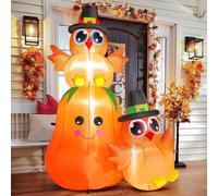 FunFanso Dinde gonflable de 1,5 m sur citrouille pour décoration extérieure, jolie dinde gonflable avec lumières LED intégrées pour jardin, pelouse, cour, décoration de fête, souffleur puissant pour