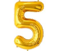 FUNFEST Ballon Chiffre 5 Or Géant 100cm - Décoration Anniversaire 5 Ans Doré - Compatible Air & Hélium - Paille Incluse