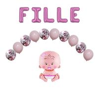 FUNFEST Décoration Baby Shower Fille - 16 Ballons : Lettres FILLE + Bébé + Confettis Roses - Pack Complet