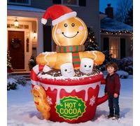 Funflatable Décorations de Noël gonflables de 1,8 m, Mignonnes décorations de Noël gonflables en Forme de Bonhomme en Pain d'épices dans Une Tasse de Cacao Chaude pour Jardin, pelouse, décoration de