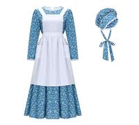 Funhoo Femme Victorienne Costume de Servante Robe à Fleurs Pionnière avec Bonnet et Tablier Vêtements Modestes Robe Coloniale des Prairies Manches Longues (Bleu, S)