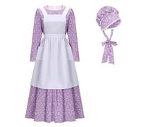 Funhoo Femme Victorienne Costume de Servante Robe à Fleurs Pionnière avec Bonnet et Tablier Vêtements Modestes Robe Coloniale des Prairies Manches Longues (Violet, XXL)