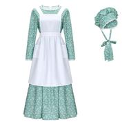 Funhoo Femme Victorienne Costume de Servante Robe à Fleurs Pionnière avec Bonnet et Tablier Vêtements Modestes Robe Coloniale des Prairies Manches Longues (Vert, L)