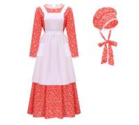 Funhoo Femme Victorienne Costume de Servante Robe à Fleurs Pionnière avec Bonnet et Tablier Vêtements Modestes Robe Coloniale des Prairies Manches Longues (Orange, S)