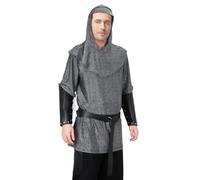Funhoo Renaissance Faux Chaîne de maille Tunique Chemise d'armure Coif Chevalier Médiéval Cowl de Croisé Halloween Déguisement Costume Ensemble de Ceintures et Bracelets Accessoires