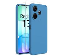 FUNHULLUN Coque Compatible avec Xiaomi Redmi 13 4G Case avec 2 Verre trempé，Intérieur Microfibre Etui de Silicone Liquide Protection Contre Les Chutes Antichoc Full Body Protection Housse-Bleu