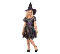 Funidelia Déguisement de sorcière glitter pour fille, Inclus robe et chapeau, Taille 7-9 ans, Sorciers - Tenue pour enfants pour fêtes, Carnaval et Halloween
