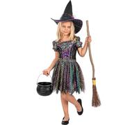 Funidelia | Déguisement de sorcière pailleté avec accessoires pour fille Sorcières & Magiciens - Déguisement pour enfant et accessoires pour Halloween, carnaval et fêtes. - Taille 7-9 ans