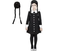 Funidelia Déguisement Officiel de Mercredi Addams avec perruque - La Famille Addams pour fille, Inclus robe et perruque - Tenue pour enfants pour fêtes, Carnaval et Halloween - Taille 5-6 ans