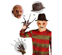 Funidelia | Pull de Freddy Krueger avec chapeau, gant et masque - Les Griffes de la nuit pour homme Déguisement pour Adultes et accessoires pour Halloween, carnaval et fêtes - Taille M - Rouge