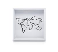 FuninCrea Grande boîte d'archivage de voyage 29 x 29 cm avec fente et design de carte du monde, cadre en bois pour tickets, cartes postales, souvenirs (blanc)