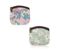 FuninCrea Lot de 2 porte-monnaie pour femme, pochette à monnaie avec 1 poche et pendentif zippé, porte-monnaie en coton pour monnaie et carte de monnaie, Fleurs roses et bleues, 11 x 10.5 x1.7 cm