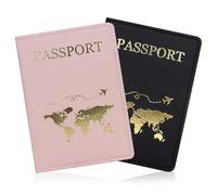 FuninCrea Porte-passeport, portefeuille de voyage en cuir synthétique avec plusieurs emplacements, étui fin pour passeport, portefeuille avec motif doré pour passeport, cartes de visite, Noir + rose