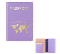 FuninCrea Porte-passeport, portefeuille de voyage en cuir synthétique avec plusieurs emplacements, étui fin pour passeport, portefeuille avec motif doré pour passeport, cartes de visite, lilas, s