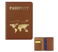 FuninCrea Porte-passeport, portefeuille de voyage en cuir synthétique avec plusieurs emplacements, étui fin pour passeport, portefeuille avec motif doré pour passeport, cartes de visite, marron, s