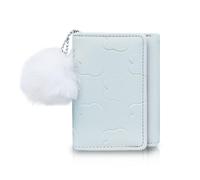 FuninCrea Portefeuille Femme Petit Format avec Fenêtre ID en Forme de Cœur et Pom-Pom, Cuir PU Porte Monnaie Femme Mignon Porte Carte avec 7 Fentes pour Cartes (Bleu)