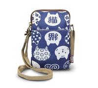 FuninCrea Sac Telephone Portable Femme, Pochette Telephone en Toile, Petit Sac Bandoulière Femme à 3 Poches avec Fermeture Éclair, Pochette Femme Bandouliere avec Bandoulière Réglable (Chat Bleu)