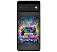 FunKaz Coque pour Google Pixel 6a - Gamer Manette de Jeu Fond Multicolore - Coque Noire TPU
