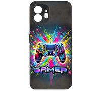 FunKaz Coque pour Nothing Phone (2) - Gamer Manette de Jeu Fond Multicolore - Coque Noire TPU