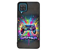 FunKaz Coque pour Samsung Galaxy A12 - Gamer Manette de Jeu Fond Multicolore - Coque Noire TPU