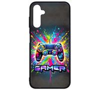 FunKaz Coque pour Samsung Galaxy A14-4G & A14-5G - - Gamer Manette de Jeu Fond Multicolore - Coque Noire TPU