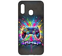 FunKaz Coque pour Samsung Galaxy A20 / A30 / M10S - Gamer Manette de Jeu Fond Multicolore - Coque Noire TPU