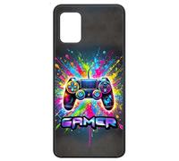 FunKaz Coque pour Samsung Galaxy A51-5G - Gamer Manette de Jeu Fond Multicolore - Coque Noire TPU
