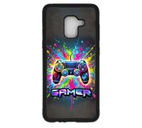 FunKaz Coque pour Samsung Galaxy A530/A8 2018 - Gamer Manette de Jeu Fond Multicolore - Coque Noire TPU