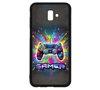 FunKaz Coque pour Samsung Galaxy J6 Plus / J6 Prime - Gamer Manette de Jeu Fond Multicolore - Coque Noire TPU