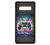 FunKaz Coque pour Samsung Galaxy S10 Plus - Gamer Manette de Jeu Fond Multicolore - Coque Noire TPU