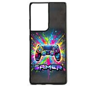 FunKaz Coque pour Samsung Galaxy S21 Ultra - Gamer Manette de Jeu Fond Multicolore - Coque Noire TPU