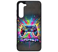 FunKaz Coque pour Samsung Galaxy S23 Plus - - Gamer Manette de Jeu Fond Multicolore - Coque Noire TPU