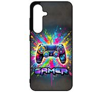 FunKaz Coque pour Samsung Galaxy S24 FE - Gamer Manette de Jeu Fond Multicolore - Coque Noire TPU
