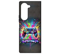 FunKaz Coque pour Samsung Galaxy Z Fold 6 - Gamer Manette de Jeu Fond Multicolore - Coque Noire TPU