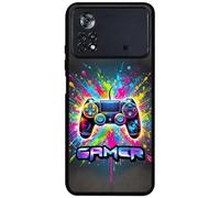 FunKaz Coque pour Xiaomi Poco X4 Pro 5G - Gamer Manette de Jeu Fond Multicolore - Coque Noire TPU
